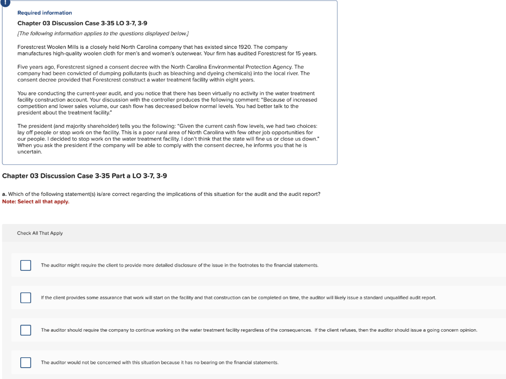 Required information
Chapter 03 Discussion Case 3-35 LO 3-7, 3-9
[The following information applies to the questions displayed below.]
Forestcrest Woolen Mills is a closely held North Carolina company that has existed since 1920. The company
manufactures high-quality woolen cloth for men's and women's outerwear. Your firm has audited Forestcrest for 15 years.
Five years ago, Forestcrest signed a consent decree with the North Carolina Environmental Protection Agency. The
company had been convicted of dumping pollutants (such as bleaching and dyeing chemicals) into the local river. The
consent decree provided that Forestcrest construct a water treatment facility within eight years.
You are conducting the current-year audit, and you notice that there has been virtually no activity in the water treatment
facility construction account. Your discussion with the controller produces the following comment: "Because of increased
competition and lower sales volume, our cash flow has decreased below normal levels. You had better talk to the
president about the treatment facility."
The president (and majority shareholder) tells you the following: "Given the current cash flow levels, we had two choices:
lay off people or stop work on the facility. This is a poor rural area of North Carolina with few other job opportunities for
our people. I decided to stop work on the water treatment facility. I don't think that the state will fine us or close us down."
When you ask the president if the company will be able to comply with the consent decree, he informs you that he is
uncertain.
Chapter 03 Discussion Case 3-35 Part a LO 3-7, 3-9
a. Which of the following statement(s) is/are correct regarding the implications of this situation for the audit and the audit report?
Note: Select all that apply.
Check All That Apply
The auditor might require the client to provide more detailed disclosure of the issue in the footnotes to the financial statements.
If the client provides some assurance that work will start on the facility and that construction can be completed on time, the auditor will likely issue a standard unqualified audit report.
The auditor should require the company to continue working on the water treatment facility regardless of the consequences. If the client refuses, then the auditor should issue a going concern opinion.
The auditor would not be concerned with this situation because it has no bearing on the financial statements.