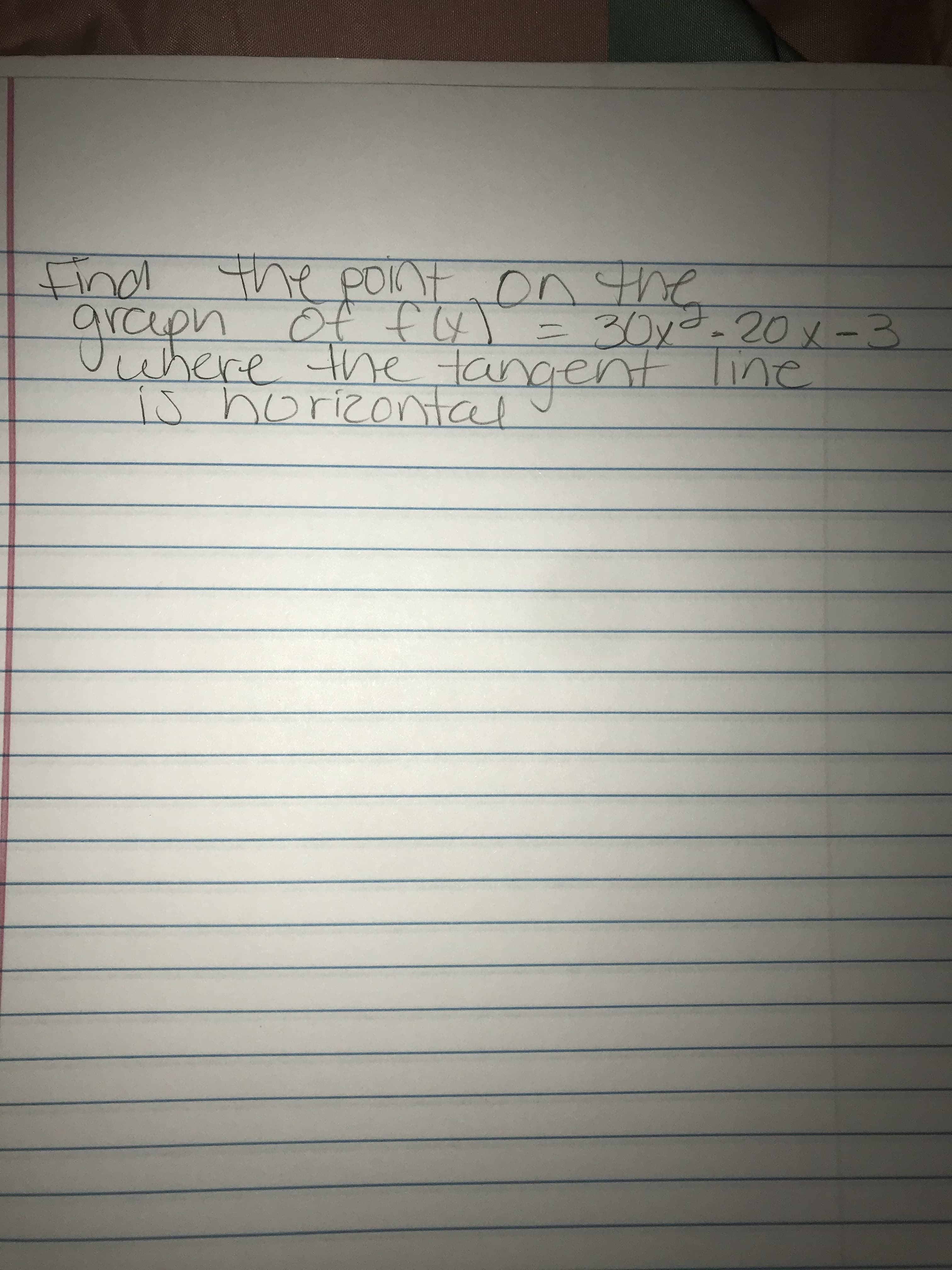 the pont
find on tne
araph
where the tangent Tine
is norizontal
Of fu) =
30yd-20x-3
