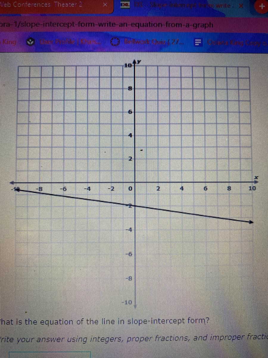 Web Conferences Theater 2
M write: X
pra-1/slope-intercept-form-write-an-equation-from-a-graph
King
8.
4
2
-8
-4
-2
4.
9.
8.
10
-4
-8-
-10
hat is the equation of the line in slope-intercept form?
ite your answer using integers, proper fractions, and improper fractic
