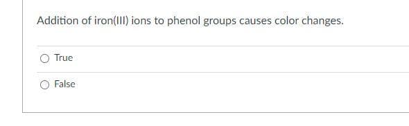 Addition of iron(III) ions to phenol groups causes color changes.
True
False
