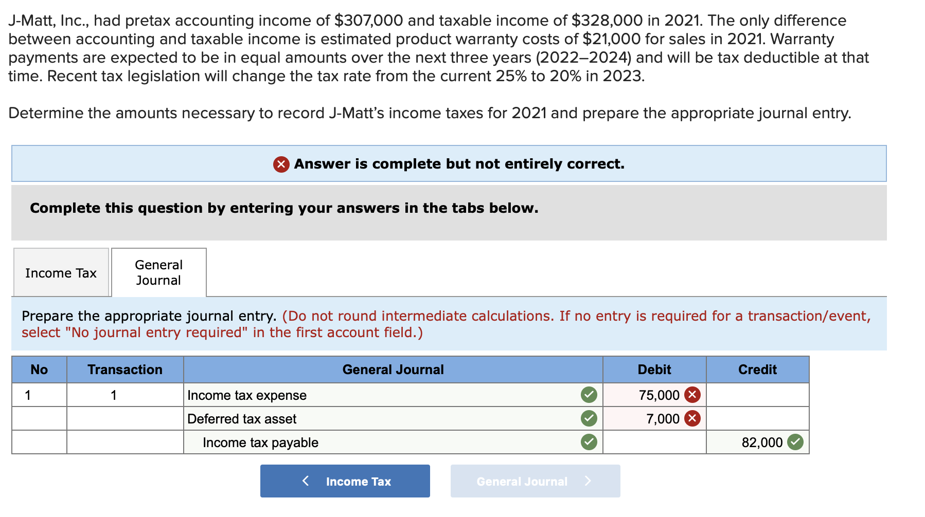 J-Matt, Inc., had pretax accounting income of $307,000 and taxable income of $328,000 in 2021. The only difference
between accounting and taxable income is estimated product warranty costs of $21,000 for sales in 2021. Warranty
payments are expected to be in equal amounts over the next three years (2022–2024) and will be tax deductible at that
time. Recent tax legislation will change the tax rate from the current 25% to 20% in 2023.
Determine the amounts necessary to record J-Matt's income taxes for 2021 and prepare the appropriate journal entry.
X Answer is complete but not entirely correct.
Complete this question by entering your answers in the tabs below.
General
Income Tax
Journal
Prepare the appropriate journal entry. (Do not round intermediate calculations. If no entry is required for a transaction/event,
select "No journal entry required" in the first account field.)
No
Transaction
General Journal
Debit
Credit
1
1
Income tax expense
75,000 X
Deferred tax asset
7,000
Income tax payable
82,000
Income Tax
General Journal
