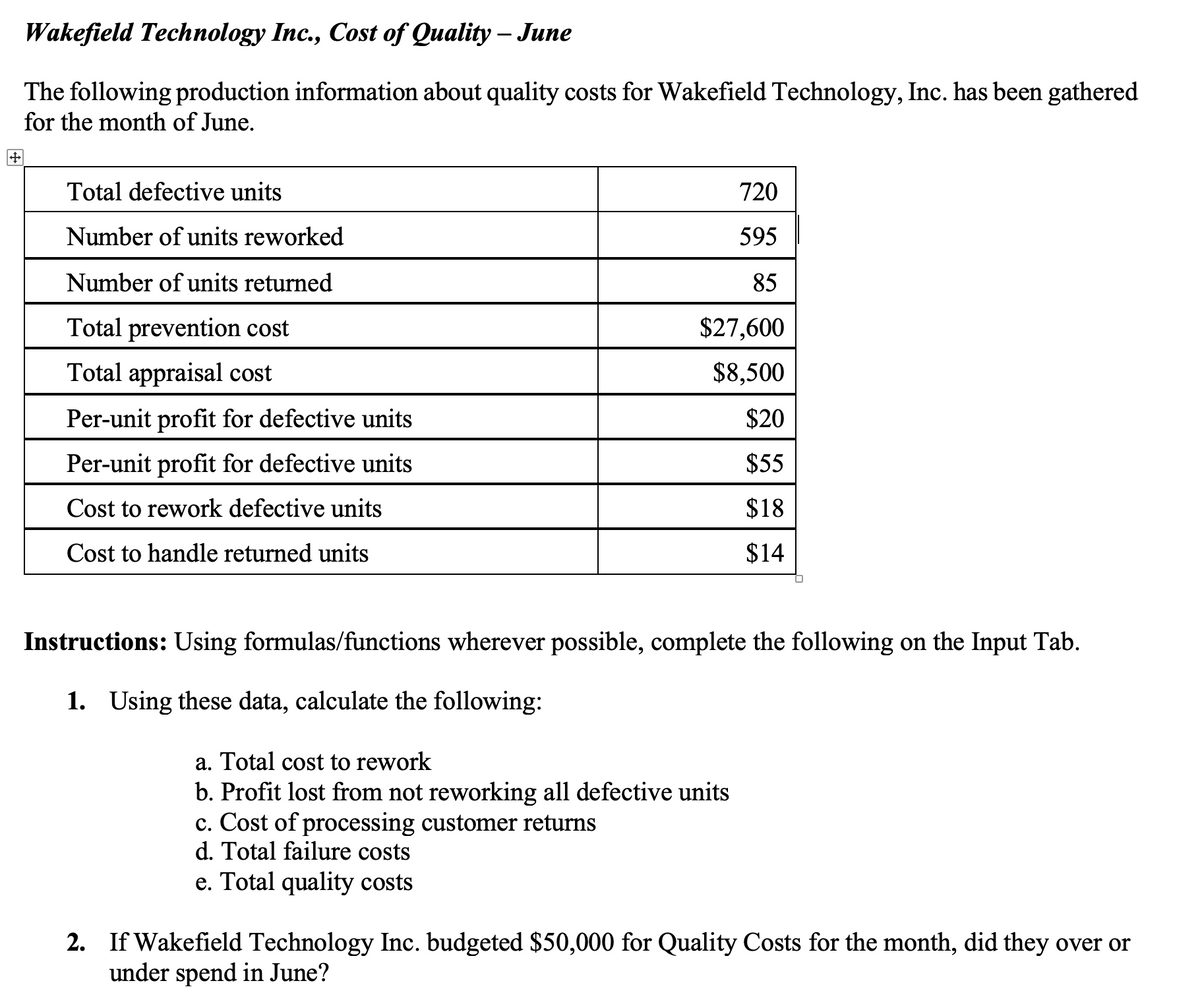 Wakefield Technology Inc., Cost of Quality – June
The following production information about quality costs for Wakefield Technology, Inc. has been gathered
for the month of June.
Total defective units
720
Number of units reworked
595
Number of units returned
85
Total prevention cost
$27,600
Total appraisal cost
$8,500
Per-unit profit for defective units
$20
Per-unit profit for defective units
$55
Cost to rework defective units
$18
Cost to handle returned units
$14
Instructions: Using formulas/functions wherever possible, complete the following on the Input Tab.
1. Using these data, calculate the following:
a. Total cost to rework
b. Profit lost from not reworking all defective units
c. Cost of processing customer returns
d. Total failure costs
e. Total quality costs
2. If Wakefield Technology Inc. budgeted $50,000 for Quality Costs for the month, did they over or
under spend in June?
