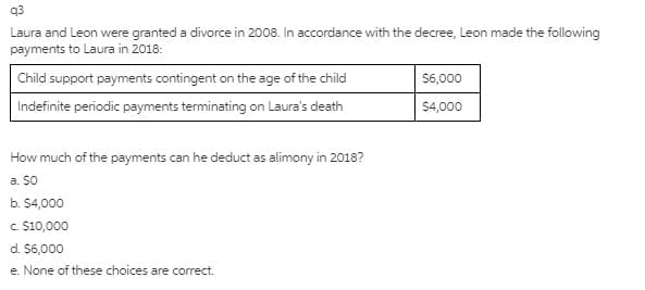 q3
Laura and Leon were granted a divorce in 2008. In accordance with the decree, Leon made the following
payments to Laura in 2018:
Child support payments contingent on the age of the child
$6,000
Indefinite periodic payments terminating on Laura's death
$4,000
How much of the payments can he deduct as alimony in 2018?
a. So
b. $4,000
C $10,000
d. S6,000
e. None of these choices are correct.
