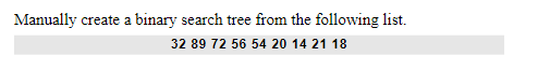 Manually create a binary search tree from the following list.
32 89 72 56 54 20 14 21 18
