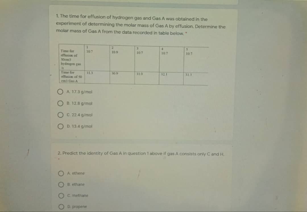 1. The time for effusion of hydrogen gas and Gas A was obtained in the
experiment of determining the molar mass of Gas A by effusion. Determine the
molar mass of Gas A from the data recorded in table below."
2.
4
Time for
effusion of
107
109
107
10.7
107
50cm3
hydrogen gas
is
Time for
effusion of 50
313
30 9
310
321
313
em3 Gas A
O A. 17.3 g/mol
O B. 12.8 g/mol
O C. 22.4 g/mol
O D. 13.4 g/mol
2. Predict the identity of Gas A in question 1 above if gas A consists only C and H.
O A. ethene
O B. ethane
O C. methane
D. propene
