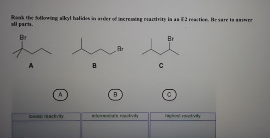 Rank the following alkyl halides in order of increasing reactivity in an E2 reaction. Be sure to answer
all parts.
Br
Br
Br
A
C
lowest reactivity
intermediate reactivity
highest reactivity
B.

