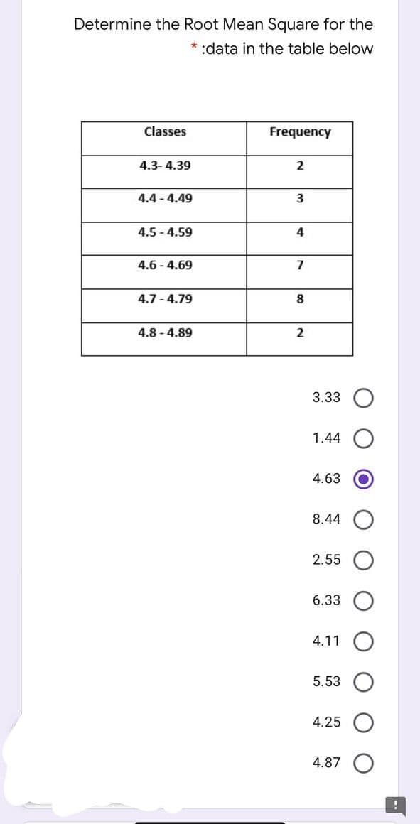 Determine the Root Mean Square for the
* :data in the table below
Classes
Frequency
4.3- 4.39
4.4 - 4.49
4.5 - 4.59
4.6 - 4.69
7
4.7 - 4.79
8
4.8 - 4.89
2
3.33 O
1.44
4.63
8.44
2.55
6.33
4.11
5.53
4.25
4.87
