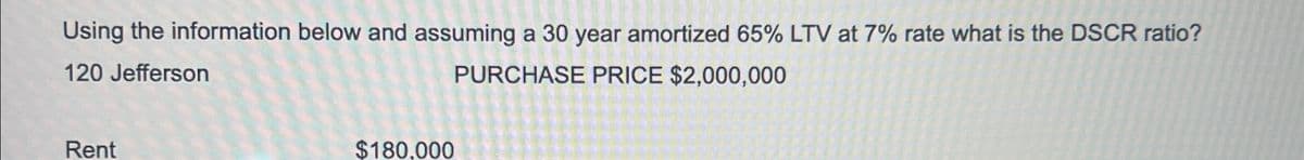 Using the information below and assuming a 30 year amortized 65% LTV at 7% rate what is the DSCR ratio?
120 Jefferson
PURCHASE PRICE $2,000,000
Rent
$180,000