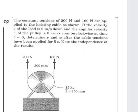 The constant tensions of 200N and 160 N are ap-
Q2
plied to the hoisting cable as shown. If the velocity
v of the load is 2 m/s down and the angular velocity
w of the pulley is 8 rad/s counterclockwise at time
t = 0, determine v and w after the cable tensions
have been applied for 5 s. Note the independence of
the results.
200 N
160 N
300 mm
15 kg
k = 250 mm
20 kg
