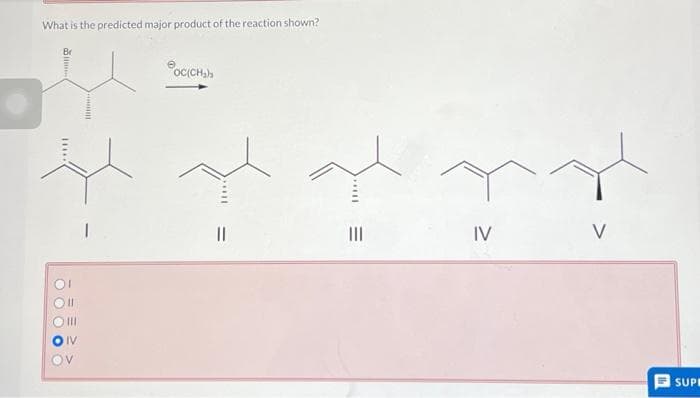 What is the predicted major product of the reaction shown?
....اه
******
0 0 0 0
0 0 0 0
11
|||
IV
OV
|
OC(CH),
باله بلند
IV
V
th
SUPE