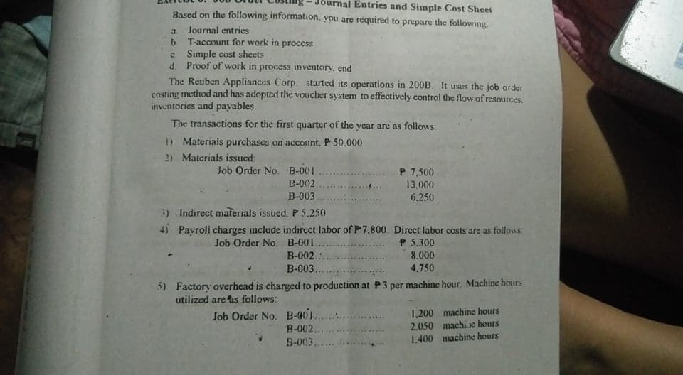 ournal Entries and Simple Cost Sheet
Based on the following information. you are réquired to preparc the following
Journal entries
b T-account for work in process
c Simple cost sheets
d. Proof of work in process inventory. end
The Reuben Appliances Corp. started its operations in 200B It uses the job order
costing method and has adopted the voucher system to effectively control the flowof resources.
inventories and payables.
The transactions for the first quarter of the year are as follows:
) Materials purchases on account. P 50.000
2) Materials issued:
Job Order No. B-001
B-002.
P 7,500
13.000
B-003
6.250
3) Indirect materials issued. P 5.250
4) Payroli charges include indirect labor of P7.800. Dircct labor costs are as follows
Job Order No. B-001.
P 5.300
8.000
B-002.
....
B-003.
4.750
5) Factory overhead is charged to production at P3 per machine hour. Machine hours
utilized are as follows:
Job Order No. B-901.....
B-002...
1,200 machine hours
2.050 machi.e hours
1.400 machine hours
B-003.
