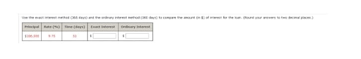 Use the exact interest method (365 days) and the ordinary interest method (300 days) to compare the amount (in 1) of interest for the loan. (Round your answers to two decimal places.)
Principal Rate (6) Time (days)
Exect Interest Ordinary Interest
$196,500
$C
9.75
51