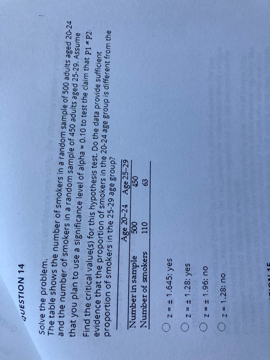 QUESTION 14
Solve the problem.
The table shows the number of smokers in a random sample of 500 adults aged 20-24
and the number of smokers in a random sample of 450 adults aged 25-29. Assume
that you plan to use a significance level of alpha 0.10 to test the claim that p1 p2.
Find the critical value(s) for this hypothesis test. Do the data provide sufficient
evidence that the proportion of smokers in the 20-24 age group is different from the
proportion of smokers in the 25-29 age group?
Age 20-24 Age 25-29
Number in sample
Number of smokers
110
63
z = ± 1.645: yes
z = 1.28; yes
z =± 1.96; no
O z = 1.28; no
