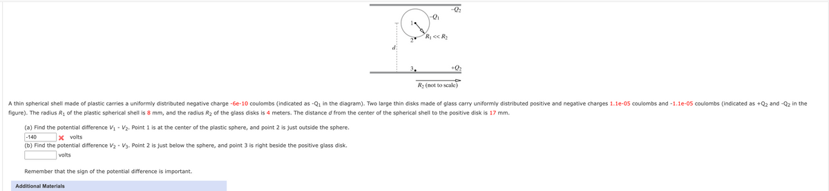 -Q2
-Q1
1
R1 << R2
2
3.
+Q2
R2 (not to scale)
A thin spherical shell made of plastic carries a uniformly distributed negative charge -6e-10 coulombs (indicated as -Q1 in the diagram). Two large thin disks made of glass carry uniformly distributed positive and negative charges 1.1e-05 coulombs and -1.1e-05 coulombs (indicated as +Q2 and -Q2 in the
figure). The radius R1 of the plastic spherical shell is 8 mm, and the radius R2 of the glass disks is 4 meters. The distance d from the center of the spherical shell to the positive disk is 17 mm.
(a) Find the potential difference V1 - V2. Point 1 is at the center of the plastic sphere, and point 2 is just outside the sphere.
|-140
X volts
(b) Find the potential difference V2 - V3. Point 2 is just below the sphere, and point 3 is right beside the positive glass disk.
volts
Remember that the sign of the potential difference is important.
Additional Materials
