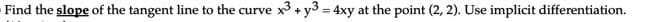 Find the slope of the tangent line to the curve x + y3 = 4xy at the point (2, 2). Use implicit differentiation.
%3D
