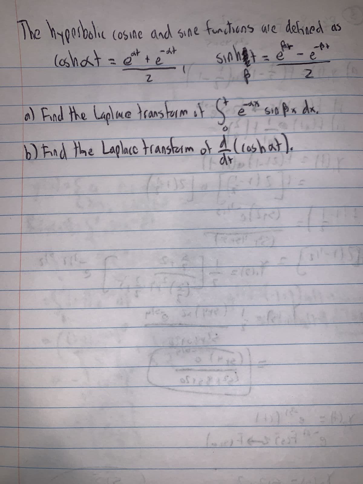 The hyperbolic cosine and sine functions are defined as
-dit
Coshot
e
gat
e
te
2
sin hot
p
141
b) Find the Laplace transform of 4 (coshat).
dr
(1d+ (1-15)
s1
(4+)5)
F
е
a) Find the Laplace transtorm of Se si pix dx.
T
41
ple
работа загруз
[rely)
(P
ܐ ܐ ܝ ܐ ܠܦ
f R
E/01
le
-p+
e
Lovestes cost
2
()