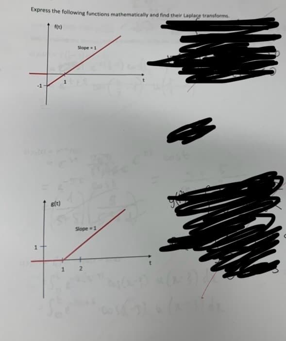 Express the following functions mathematically and find their Laplace transforms.
f(t)
1
g(t)
1
Slope 1
Slope=1
2
x-3) 07