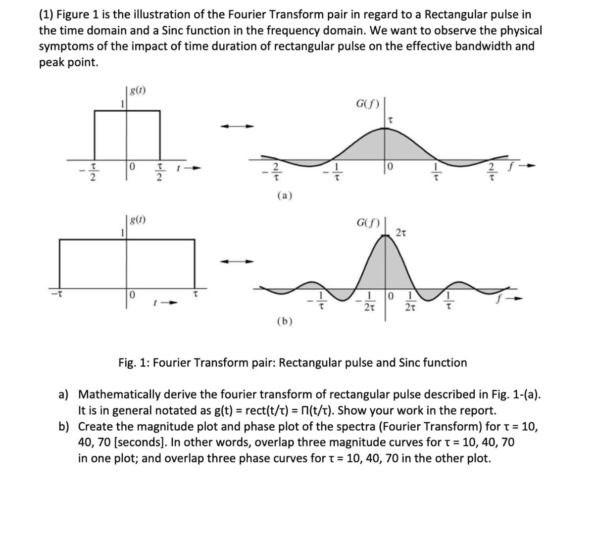 (1) Figure 1 is the illustration of the Fourier Transform pair in regard to a Rectangular pulse in
the time domain and a Sinc function in the frequency domain. We want to observe the physical
symptoms of the impact of time duration of rectangular pulse on the effective bandwidth and
peak point.
72
G(f)
τ
0
12
τ t
(a)
1
g(t)
G(f)
Στ
0
-125
2t
-25
0 1
Fig. 1: Fourier Transform pair: Rectangular pulse and Sinc function
a) Mathematically derive the fourier transform of rectangular pulse described in Fig. 1-(a).
It is in general notated as g(t) = rect(t/t) = П(t/t). Show your work in the report.
b) Create the magnitude plot and phase plot of the spectra (Fourier Transform) for t = 10,
40, 70 [seconds]. In other words, overlap three magnitude curves for t = 10, 40, 70
in one plot; and overlap three phase curves for t = 10, 40, 70 in the other plot.