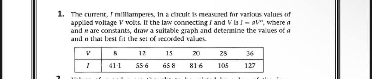 1. The current, I milliamperes, in a circuit is measured for various values of
applied voltage V volts. If the law connecting I and V is I = aV", where a
and n are constants, draw a suitable graph and determine the values of a
and n that best fit the set of recorded values.
V
I
8
41-1
12
55-6
15
65-8
20
81.6
28
105
36
127