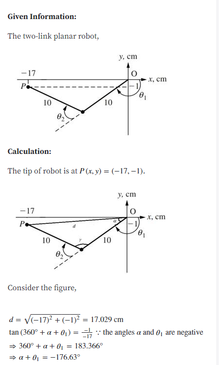 Given Information:
The two-link planar robot,
у. ст
-17
х, ст
10
10
Calculation:
The tip of robot is at P (x, y) = (-17,–1).
y, cm
-17
х, ст
Po
10
10
02
Consider the figure,
d = V(-17)2 + (-1)² = 17.029 cm
tan (360° + a + 0) = : the angles a and 0j are negative
> 360° + a + 01
183.366°
→ a + 01
–176.63°
