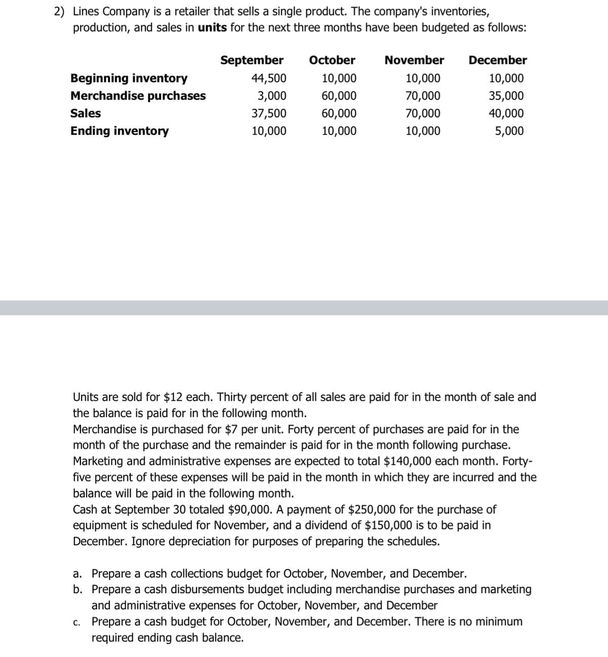 2) Lines Company is a retailer that sells a single product. The company's inventories,
production, and sales in units for the next three months have been budgeted as follows:
Beginning inventory
Merchandise purchases
Sales
Ending inventory
September
44,500
3,000
37,500
10,000
October
10,000
60,000
60,000
10,000
November December
10,000
10,000
70,000
35,000
70,000
40,000
10,000
5,000
Units are sold for $12 each. Thirty percent of all sales are paid for in the month of sale and
the balance is paid for in the followin month.
Merchandise is purchased for $7 per unit. Forty percent of purchases are paid for in the
month of the purchase and the remainder is paid for in the month following purchase.
Marketing and administrative expenses are expected to total $140,000 each month. Forty-
five percent of these expenses will be paid in the month in which they are incurred and the
balance will be paid in the following month.
Cash at September 30 totaled $90,000. A payment of $250,000 for the purchase of
equipment is scheduled for November, and a dividend of $150,000 is to be paid in
December. Ignore depreciation for purposes of preparing the schedules.
a. Prepare a cash collections budget for October, November, and December.
b. Prepare a cash disbursements budget including merchandise purchases and marketing
and administrative expenses for October, November, and December
c.
Prepare a cash budget for October, November, and December. There is no minimum
required ending cash balance.