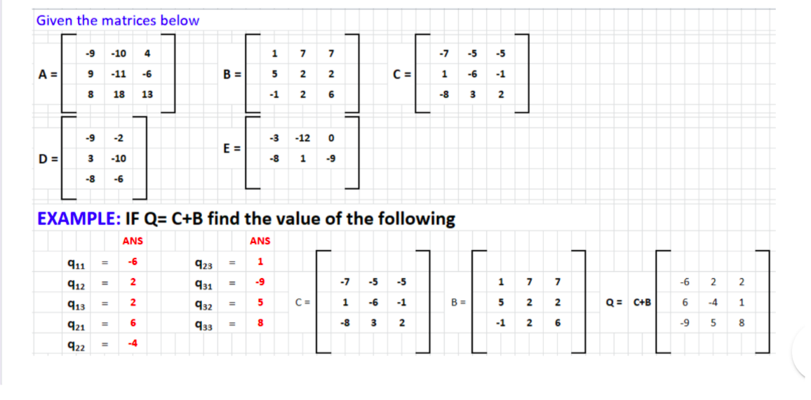 Given the matrices below
-9 -10
4
1
7
7
-7
-5
-5
A =
9 -11
-6
B =
5
2
2
1
-6
-1
8 18
13
-1 2 6
-8
3
2
-9
-2
-3
-12
E =
D =
з -10
-8
1
-9
-8 -6
EXAMPLE: IF Q= C+B find the value of the following
ANS
ANS
911 =
-6
923
1
912
2
931
-9
-7
-5
-5
1 7
-6
2
913
2
932
5
C =
-6
-1
B =
5 2 2
Q= C+B
6
-4
%3D
%3D
921
933
8
-8
3
2
-1
2
6
-9
5
8
%3D
922
-4
%3D
