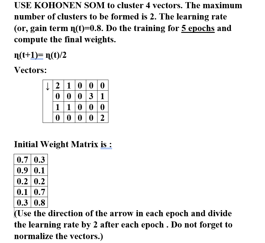 USE KOHONEN SOM to cluster 4 vectors. The maximum
number of clusters to be formed is 2. The learning rate
(or, gain term n(t)=0.8. Do the training for 5 epochs and
compute the final weights.
n(t+1)= n(t)/2
Vectors:
| 2 100 0
0 0 0 31
1 1000
0 0 0 0 2
Initial Weight Matrix is :
0.7 0.3
0.9 0.1
0.2 0.2
0.1 0.7
0.3 0.8
(Use the direction of the arrow in each epoch and divide
the learning rate by 2 after each epoch . Do not forget to
normalize the vectors.)
