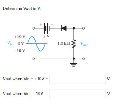 Determine Vout in V.
+10 V
Vin OV-
-10 V
HIFK
3V
8
Vout when Vin = +10V =
Vout when Vin = -10V =
1.0 ΚΩ
Vout
V
V