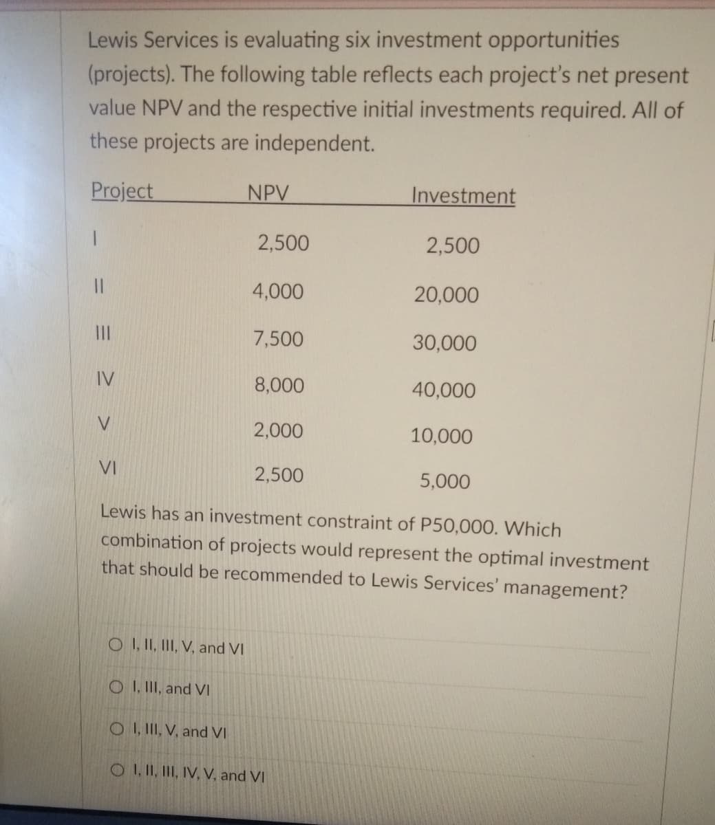 Lewis Services is evaluating six investment opportunities
(projects). The following table reflects each project's net present
value NPV and the respective initial investments required. All of
these projects are independent.
Project
NPV
Investment
2,500
2,500
4,000
20,000
II
7,500
30,000
IV
8,000
40,000
V
2,000
10,000
VI
2,500
5,000
Lewis has an investment constraint of P50,000. Which
combination of projects would represent the optimal investment
that should be recommended to Lewis Services' management?
O I, II, II, V, and VI
O I, II, and VI
O I, II, V, and VI
OI, II, III, IV, V, and VI
