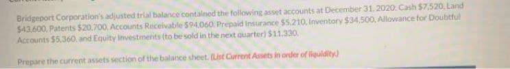 Bridgeport Corporation's adjusted trial balance contained the following asset accounts at December 31, 2020: Cash $7,520, Land
$43,600, Patents $20,700, Accounts Receivable 594,060. Prepaid Insurance $5.210, Inventory $34,500, Allowance for Doubtful
Accounts $5,360, and Equity Investments (to be sold in the next quarter) $11.330.
Prepare the current assets section of the balance sheet. (List Current Assets in order of liquidity)