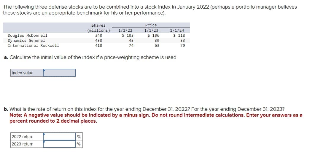 The following three defense stocks are to be combined into a stock index in January 2022 (perhaps a portfolio manager believes
these stocks are an appropriate benchmark for his or her performance):
Douglas McDonnell
Dynamics General
International Rockwell
Index value
Shares
(millions) 1/1/22
340
$ 103
450
45
410
74
2022 return
2023 return
Price
1/1/23
%
%
$ 106
39
63
a. Calculate the initial value of the index if a price-weighting scheme is used.
1/1/24
$118.
b. What is the rate of return on this index for the year ending December 31, 2022? For the year ending December 31, 2023?
Note: A negative value should be indicated by a minus sign. Do not round intermediate calculations. Enter your answers as a
percent rounded to 2 decimal places.
53
79