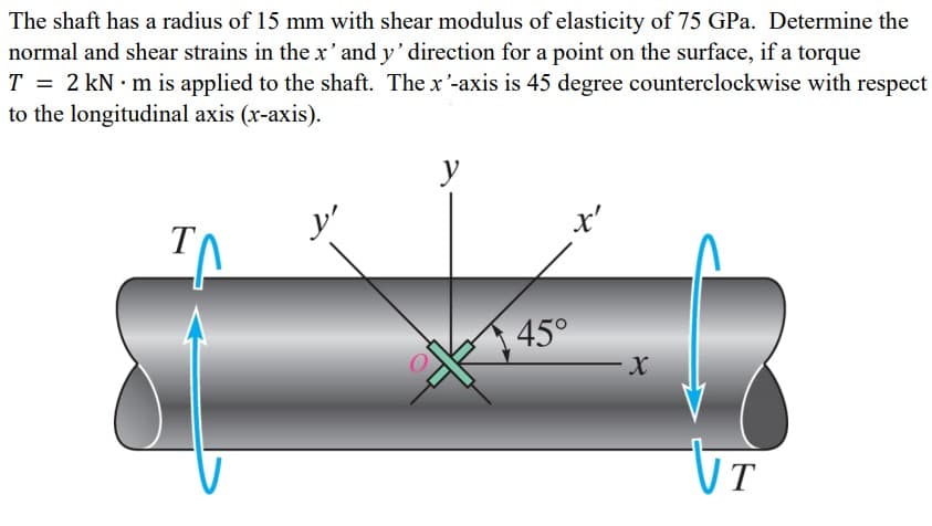 The shaft has a radius of 15 mm with shear modulus of elasticity of 75 GPa. Determine the
normal and shear strains in the x' and y' direction for a point on the surface, if a torque
T = 2 kN m is applied to the shaft. The x'-axis is 45 degree counterclockwise with respect
to the longitudinal axis (x-axis).
y
T
y'
x'
45°
|T
