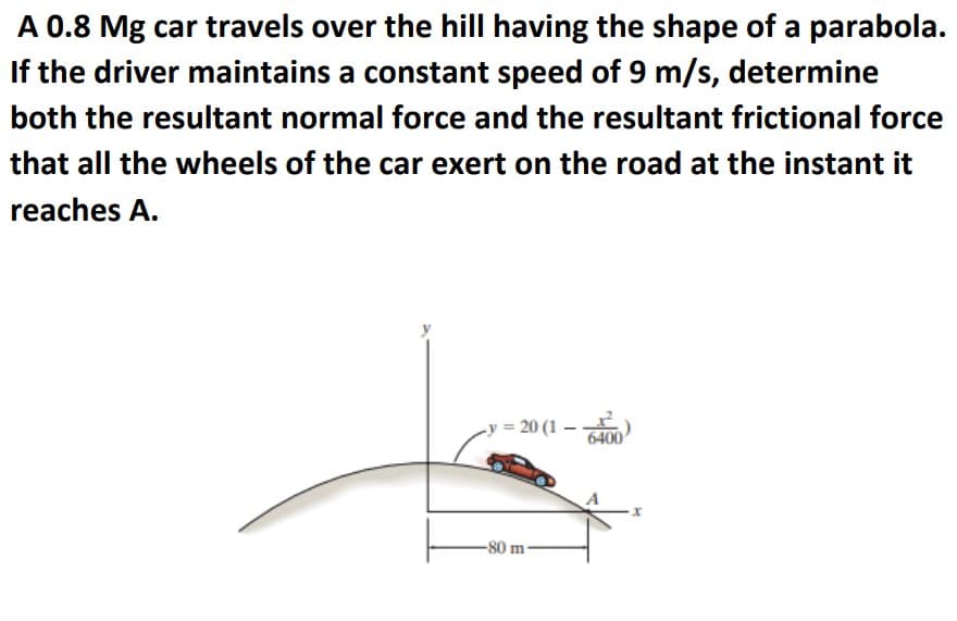 A 0.8 Mg car travels over the hill having the shape of a parabola.
If the driver maintains a constant speed of 9 m/s, determine
both the resultant normal force and the resultant frictional force
that all the wheels of the car exert on the road at the instant it
reaches A.
y = 20 (1 – À00
-80 m-
