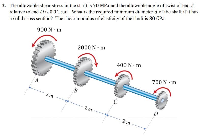 2. The allowable shear stress in the shaft is 70 MPa and the allowable angle of twist of end A
relative to end D is 0.01 rad. What is the required minimum diameter d of the shaft if it has
a solid cross section? The shear modulus of elasticity of the shaft is 80 GPa.
900 N · m
2000 N · m
400 N · m
700 N m
A
В
2 m
2 m
D
2 m
