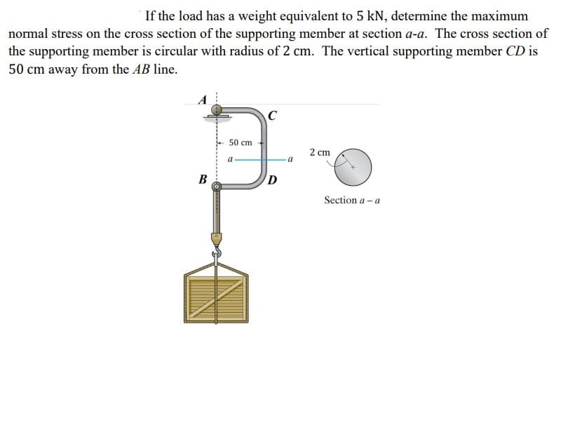 If the load has a weight equivalent to 5 kN, determine the maximum
normal stress on the cross section of the supporting member at section a-a. The cross section of
the supporting member is circular with radius of 2 cm. The vertical supporting member CD is
50 cm away from the AB line.
C
50 cm
2 cm
a
a
В
Section a – a
