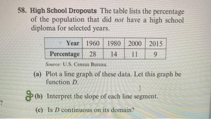 58. High School Dropouts The table lists the percentage
of the population that did not have a high school
diploma for selected years.
Year 1960
1980 2000 2015
Percentage
28
14
11
Source: U.S. Census Bureau.
(a) Plot a line graph of these data. Let this graph be
function D.
(b) Interpret the slope of each line segment.
(c) Is D continuous on its domain?
