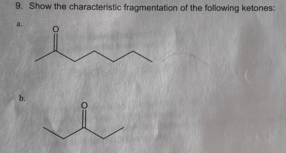 9. Show the characteristic fragmentation of the following ketones:
a.
b.