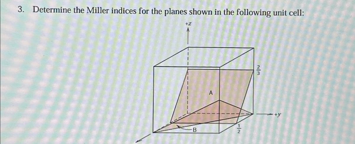 3. Determine the Miller indices for the planes shown in the following unit cell:
+Z
B
A
-IN
2/3
+y