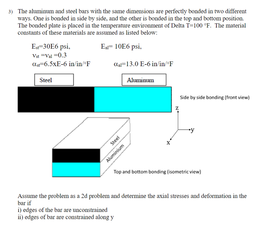 3) The aluminum and steel bars with the same dimensions are perfectly bonded in two different
ways. One is bonded in side by side, and the other is bonded in the top and bottom position.
The bonded plate is placed in the temperature environment of Delta T=100 °F. The material
constants of these materials are assumed as listed below:
Es=30E6 psi,
Eal= 10E6 psi,
Vst =Val =0.3
as=6.5xE-6 in/in/°F
lal=13.0 E-6 in/in/°F
Steel
Aluminum
Side by side bonding (front view)
+y
Steel
Aluminium
Top and bottom bonding (isometric view)
Assume the problem as a 2d problem and determine the axial stresses and deformation in the
bar if
i) edges of the bar are unconstrained
ii) edges of bar are constrained along y
