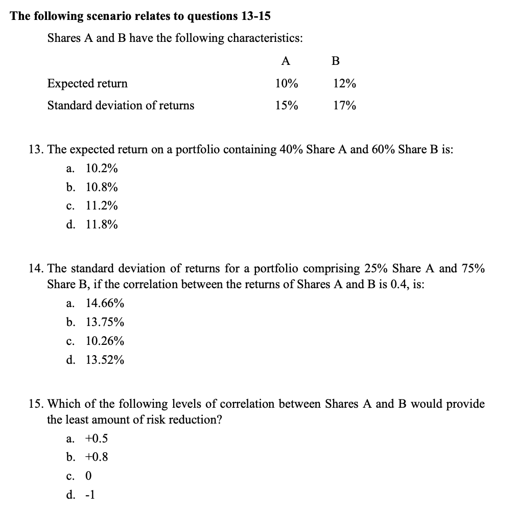 The following scenario relates to questions 13-15
Shares A and B have the following characteristics:
A
Expected return
10%
12%
Standard deviation of returns
15%
17%
13. The expected return on a portfolio containing 40% Share A and 60% Share B is:
а. 10.2%
b. 10.8%
c. 11.2%
d. 11.8%
14. The standard deviation of returns for a portfolio comprising 25% Share A and 75%
Share B, if the correlation between the returns of Shares A and B is 0.4, is:
а.
14.66%
b. 13.75%
с.
10.26%
d. 13.52%
15. Which of the following levels of correlation between Shares A and B would provide
the least amount of risk reduction?
а. +0.5
b. +0.8
с. 0
d. -1
