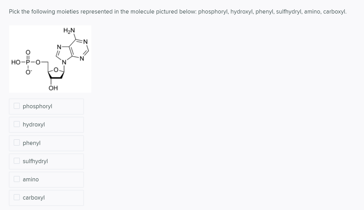 Pick the following moieties represented in the molecule pictured below: phosphoryl, hydroxyl, phenyl, sulfhydryl, amino, carboxyl.
H2N
N-
HO-P-0-
OH
phosphoryl
hydroxyl
phenyl
sulfhydryl
amino
O carboxyl
