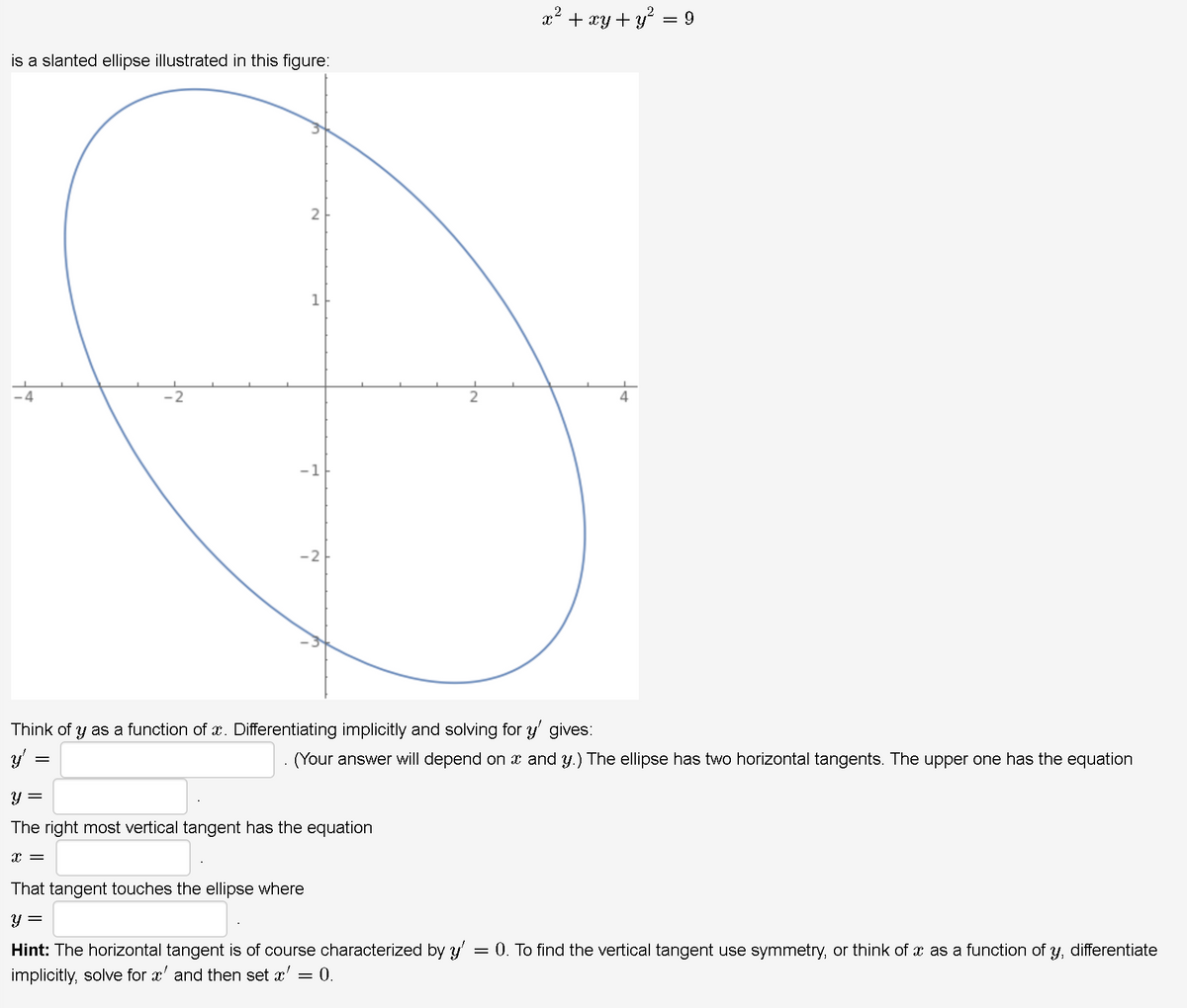 x? + xy + y? = 9
is a slanted ellipse illustrated in this figure:
2
1
-2
-1
-2
Think of
y as a function of x. Differentiating implicitly and solving for y' gives:
(Your answer will depend on x and y.) The ellipse has two horizontal tangents. The upper one has the equation
y =
The right most vertical tangent has the equation
That tangent touches the ellipse where
Hint: The horizontal tangent is of course characterized by y'
implicitly, solve for x' and then set x' = 0.
0. To find the vertical tangent use symmetry, or think of x as a function of y, differentiate
=
