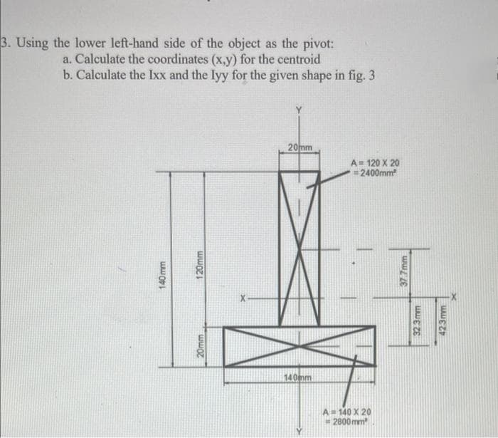 3. Using the lower left-hand side of the object as the pivot:
a. Calculate the coordinates (x,y) for the centroid
b. Calculate the Ixx and the Iyy for the given shape in fig. 3
Y.
20mm
A= 120 X 20
=2400mm
140mm
A= 140 X 20
= 2800 mm
140mm
20mm
37.7mm
