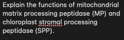 Explain the functions of mitochondrial
matrix processing peptidase (MP) and
chloroplast stromal processing
peptidase (SPP).
