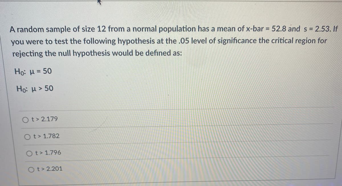 A random sample of size 12 from a normal population has a mean of x-bar = 52.8 and s = 2.53. If
%3D
you were to test the following hypothesis at the .05 level of significance the critical region for
rejecting the null hypothesis would be defined as:
Ho: H= 50
%3D
Ho: H> 50
Ot> 2.179
Ot> 1.782
Ot> 1.796
Ot> 2.201
