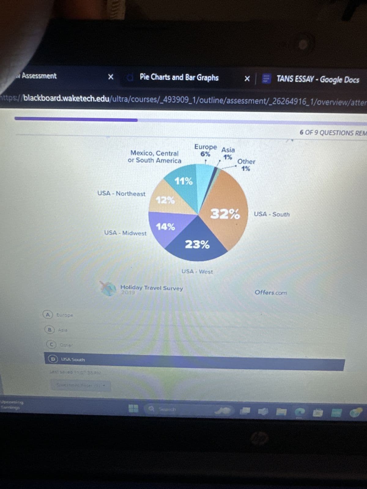 Assessment
× Pie Charts and Bar Graphs
X
TANS ESSAY - Google Docs
https://blackboard.waketech.edu/ultra/courses/_493909_1/outline/assessment/_26264916_1/overview/atter
Upcoming
Earnings
A.
Europe
B
Asia
Other
Europe Asia
Mexico, Central
6%
1%
or South America
Other
1%
11%
USA - Northeast
12%
USA South
Last saved 1:07:38 PM
Suestions fuger, 9,
14%
USA - Midwest
Holiday Travel Survey
2019
Search
23%
32%
USA - South
USA - West
Offers.com
6 OF 9 QUESTIONS REM