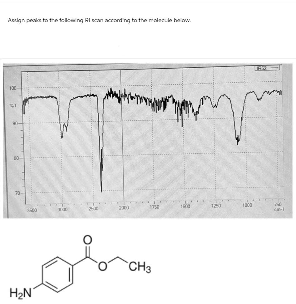 Assign peaks to the following RI scan according to the molecule below.
100
%T
90-
80
70-
IR52
3500
3000
2500
2000
1750
1500
1250
1000
750
cm-1
H₂N
CH3