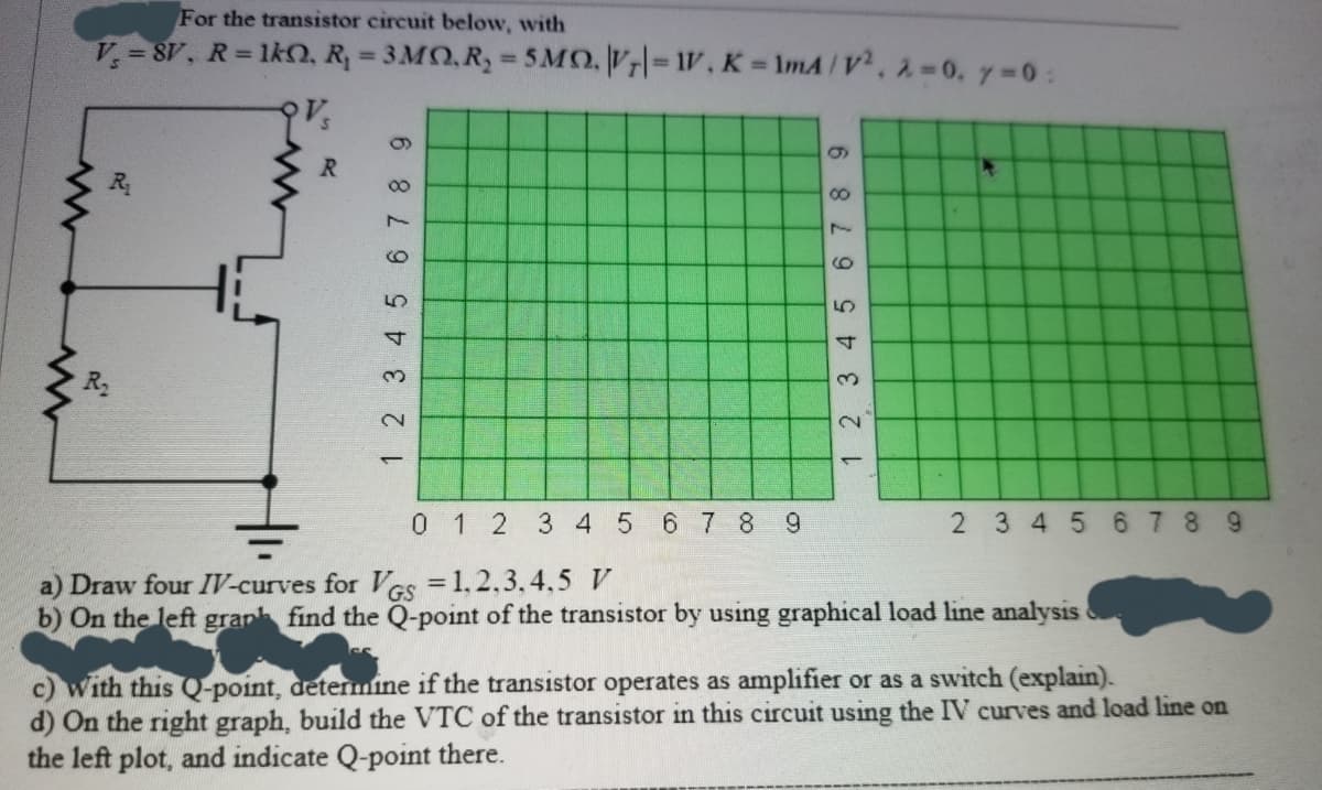 For the transistor circuit below, with
V= 8V, R= 1KCN, R = 3 MO,R, = 5MO, V|= 1, K = ImA/V. 2-0. 7-0:
%3D
%3D
R.
8.
7.
4.
0 1 2 3 4 5 67 8 9
2 3 4 5 67 8 9
= 1,2,3,4,5 V
a) Draw four IV-curves for VGS
b) On the left gran find the Q-point of the transistor by using graphical load line analysis
c) With this Q-point, determine if the transistor operates as amplifier or as a switch (explain).
d) On the right graph, build the VTC of the transistor in this circuit using the IV curves and load line on
the left plot, and indicate Q-point there.
1 2 345 67 8 9
