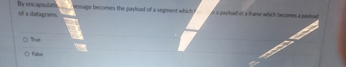 By encapsulati essage becomes the payload of a segment which sa payload of a frame which becomes a payload
of a datagrams.
O True
O False
