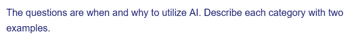 The questions are when and why to utilize Al. Describe each category with two
examples.